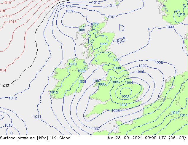 Surface pressure UK-Global Mo 23.09.2024 09 UTC