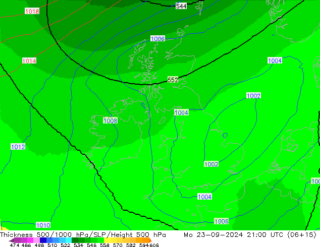 Thck 500-1000hPa UK-Global Mo 23.09.2024 21 UTC