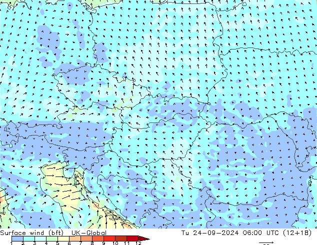 Surface wind (bft) UK-Global Tu 24.09.2024 06 UTC