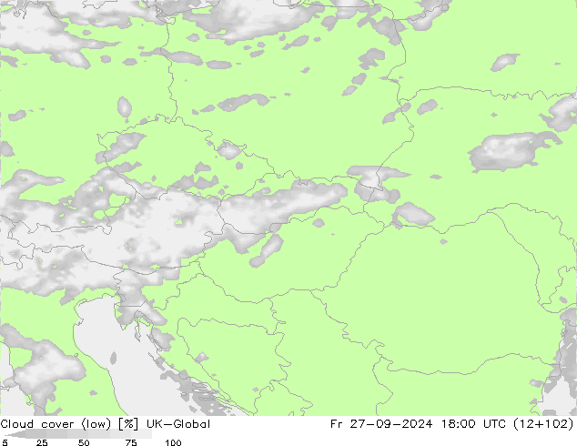 Cloud cover (low) UK-Global Fr 27.09.2024 18 UTC