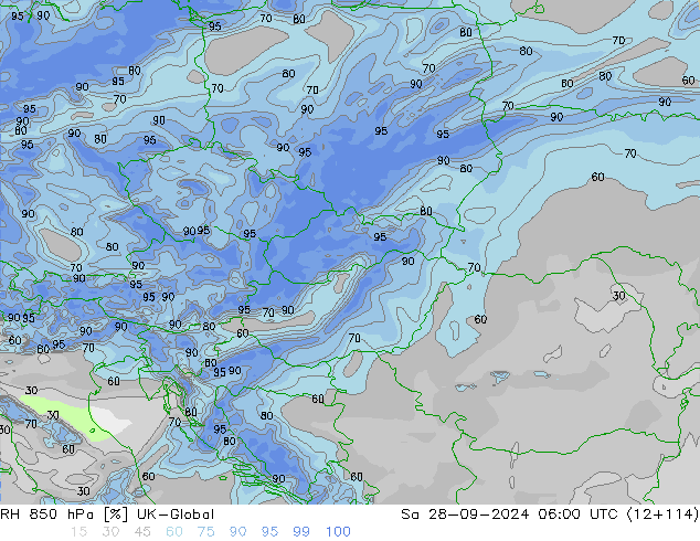 RH 850 гПа UK-Global сб 28.09.2024 06 UTC