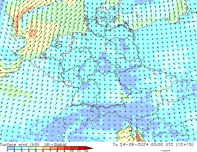 Viento 10 m (bft) UK-Global mar 24.09.2024 03 UTC