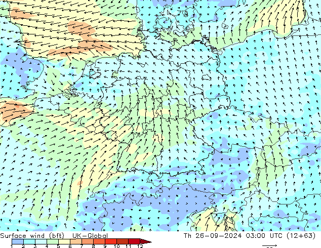 Vento 10 m (bft) UK-Global Qui 26.09.2024 03 UTC