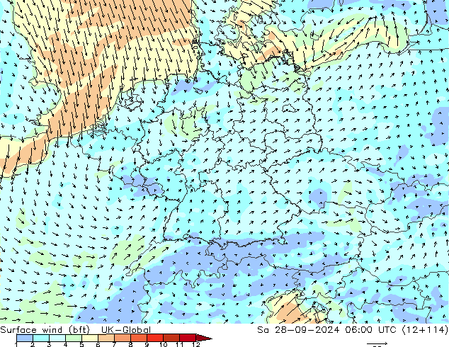 Rüzgar 10 m (bft) UK-Global Cts 28.09.2024 06 UTC