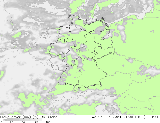 Cloud cover (low) UK-Global We 25.09.2024 21 UTC