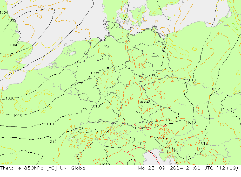 Theta-e 850гПа UK-Global пн 23.09.2024 21 UTC