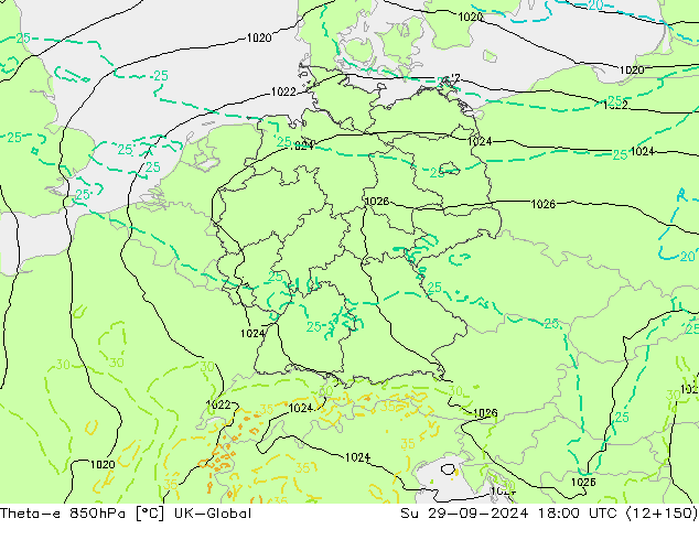 Theta-e 850hPa UK-Global Ne 29.09.2024 18 UTC