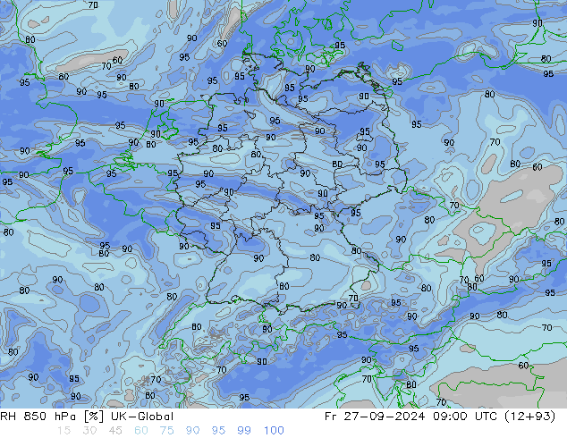 RH 850 hPa UK-Global  27.09.2024 09 UTC