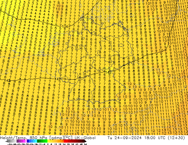 Hoogte/Temp. 850 hPa UK-Global di 24.09.2024 18 UTC