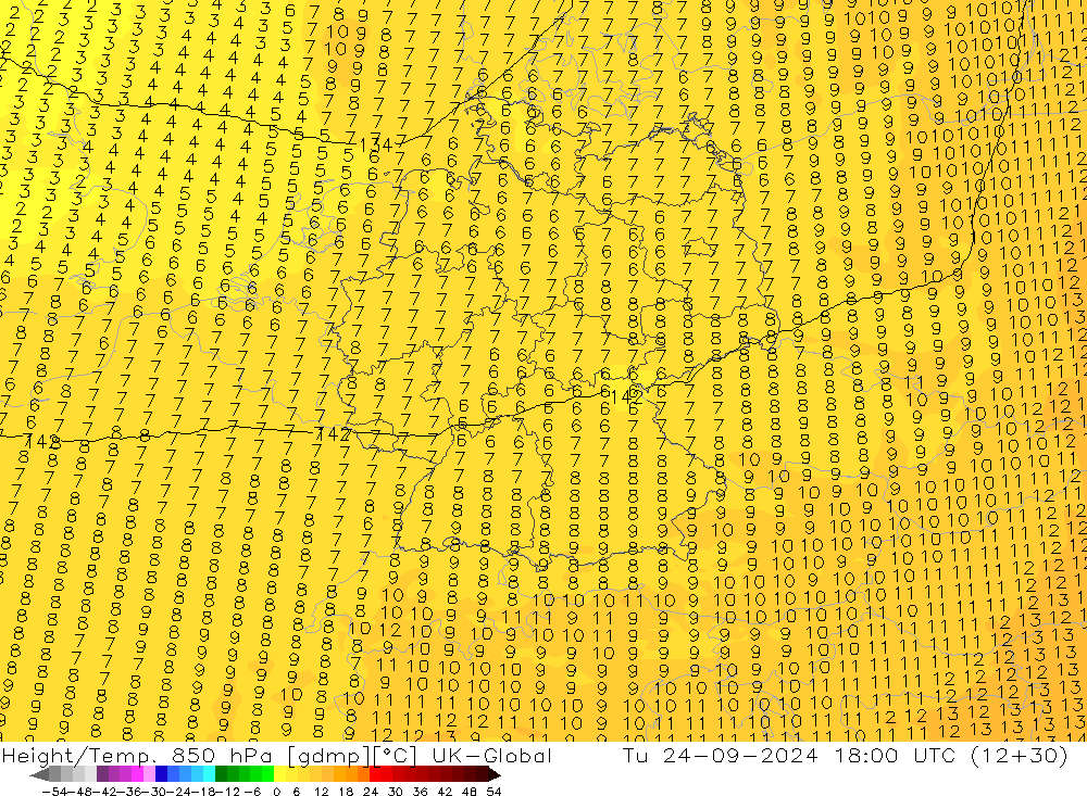 Height/Temp. 850 hPa UK-Global Tu 24.09.2024 18 UTC