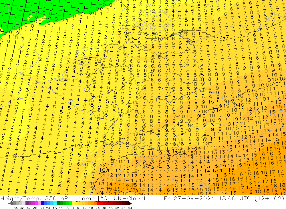 Height/Temp. 850 hPa UK-Global Fr 27.09.2024 18 UTC