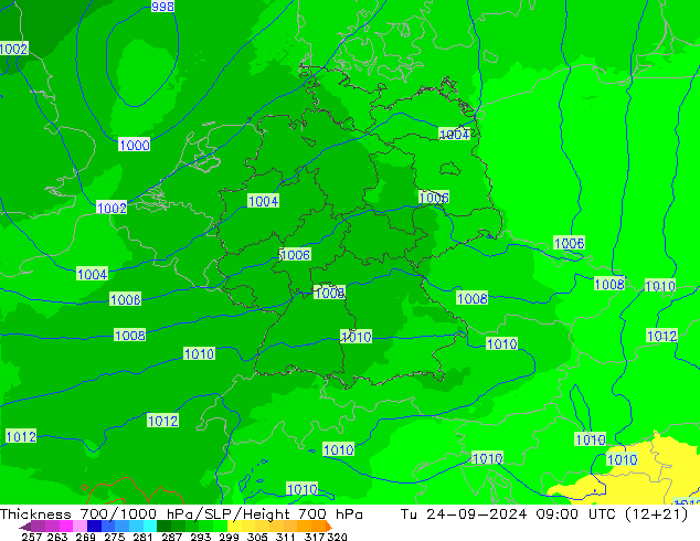 Schichtdicke 700-1000 hPa UK-Global Di 24.09.2024 09 UTC