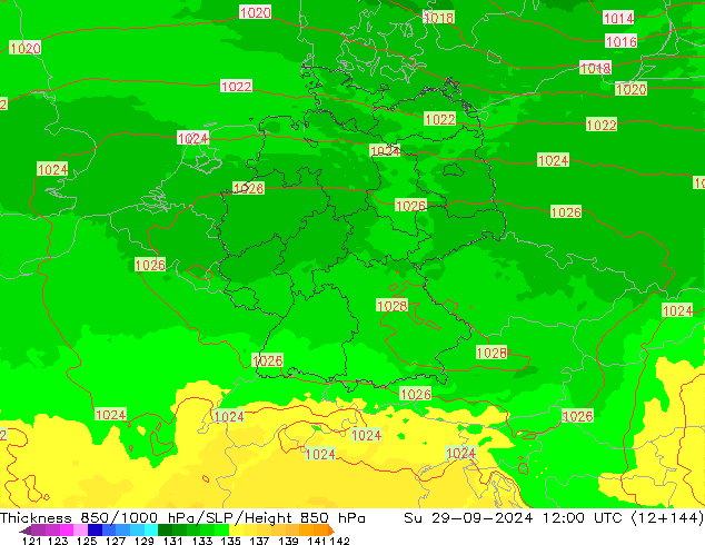 Espesor 850-1000 hPa UK-Global dom 29.09.2024 12 UTC