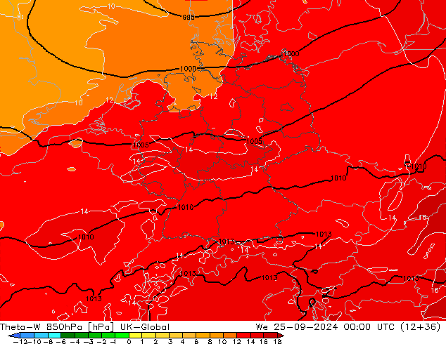 Theta-W 850hPa UK-Global Çar 25.09.2024 00 UTC