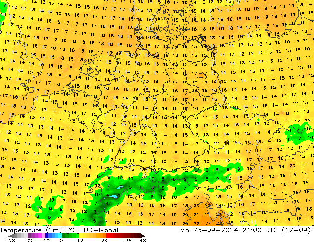 Temperature (2m) UK-Global Po 23.09.2024 21 UTC