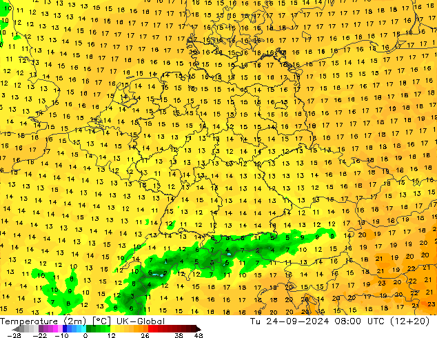 Temperature (2m) UK-Global Tu 24.09.2024 08 UTC