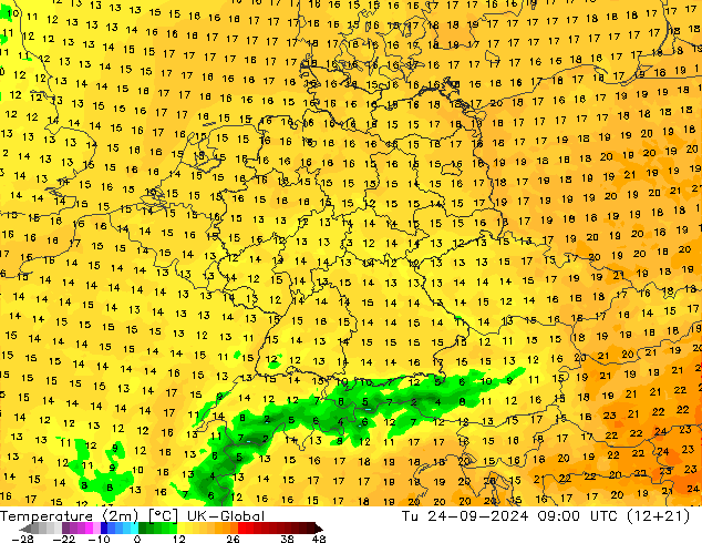 Temperature (2m) UK-Global Tu 24.09.2024 09 UTC