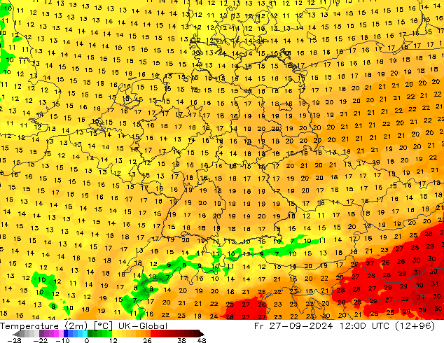 Temperature (2m) UK-Global Fr 27.09.2024 12 UTC