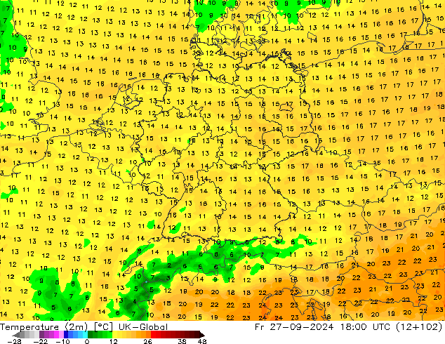 Temperatura (2m) UK-Global vie 27.09.2024 18 UTC