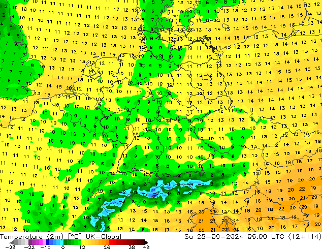 Temperatura (2m) UK-Global Sáb 28.09.2024 06 UTC