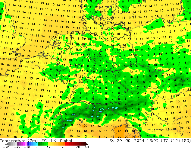 Temperatura (2m) UK-Global Dom 29.09.2024 18 UTC