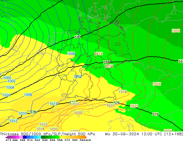 Espesor 500-1000 hPa UK-Global lun 30.09.2024 12 UTC