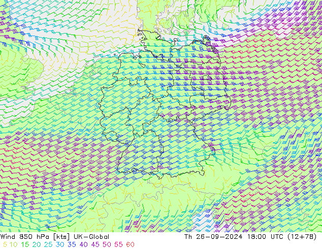 Wind 850 hPa UK-Global Th 26.09.2024 18 UTC