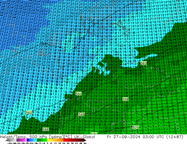 Height/Temp. 500 hPa UK-Global pt. 27.09.2024 03 UTC