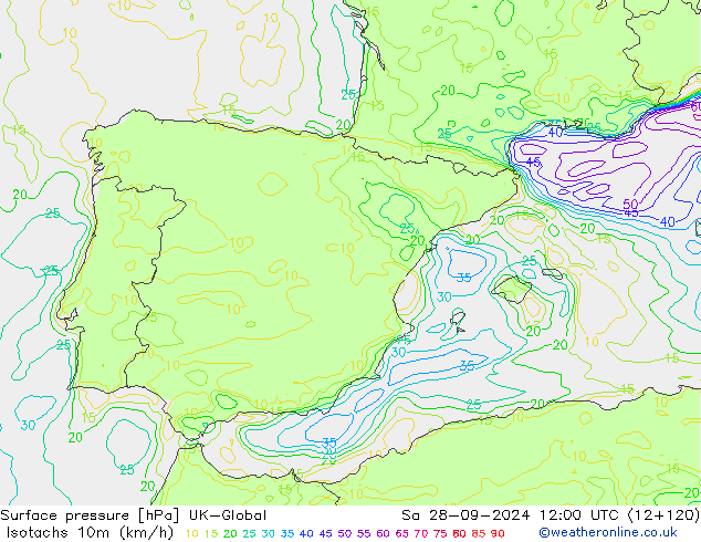 Isotachs (kph) UK-Global sab 28.09.2024 12 UTC