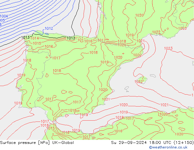 Surface pressure UK-Global Su 29.09.2024 18 UTC