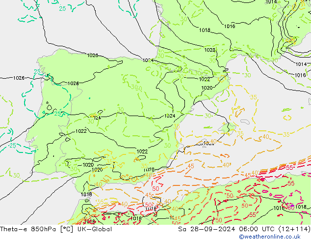 Theta-e 850гПа UK-Global сб 28.09.2024 06 UTC