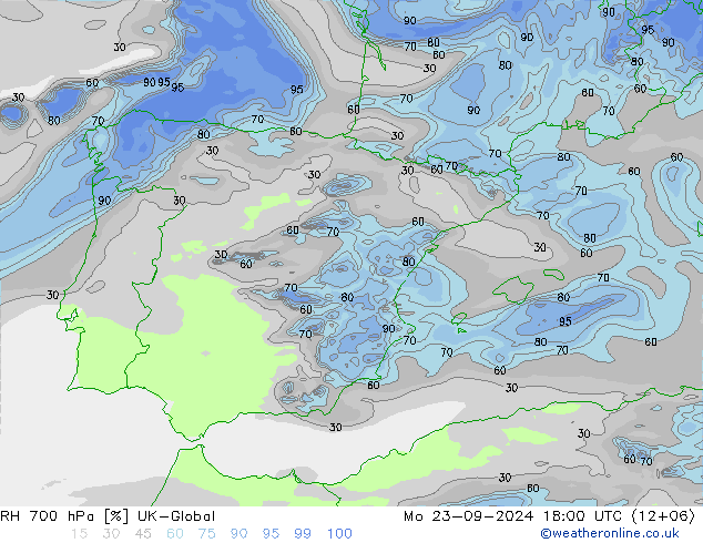 RH 700 hPa UK-Global Mo 23.09.2024 18 UTC