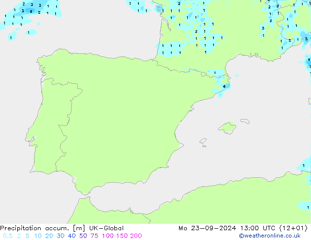 Precipitation accum. UK-Global pon. 23.09.2024 13 UTC