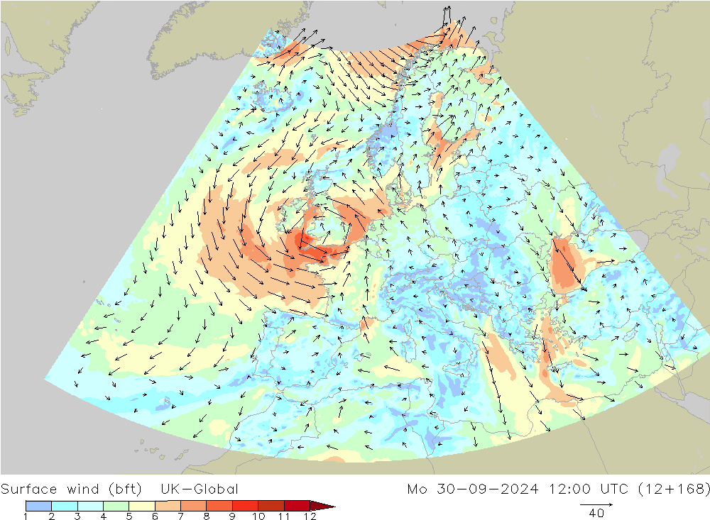 Vento 10 m (bft) UK-Global lun 30.09.2024 12 UTC