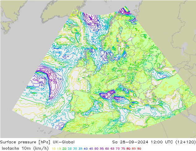 Isotachs (kph) UK-Global sab 28.09.2024 12 UTC