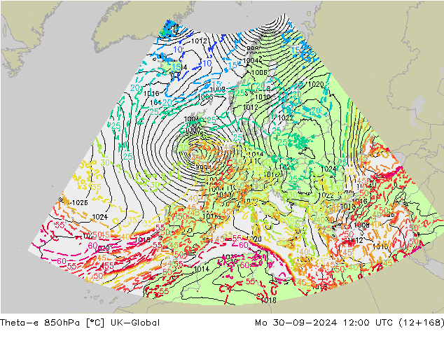 Theta-e 850hPa UK-Global pon. 30.09.2024 12 UTC