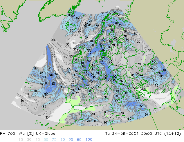 RH 700 hPa UK-Global Tu 24.09.2024 00 UTC