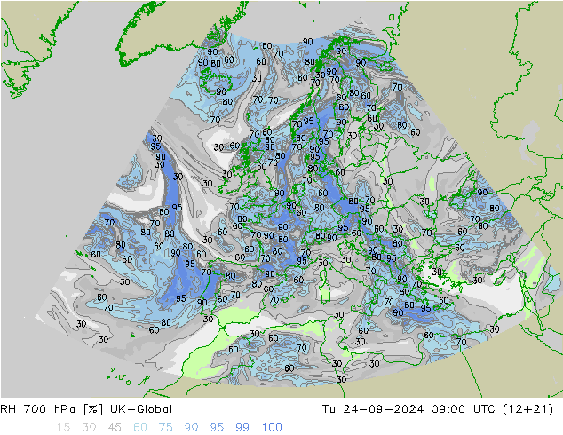 RH 700 hPa UK-Global Tu 24.09.2024 09 UTC