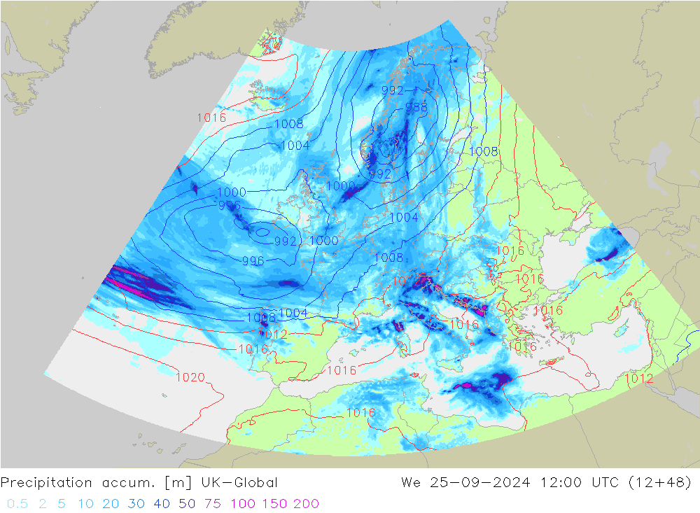 Précipitation accum. UK-Global mer 25.09.2024 12 UTC