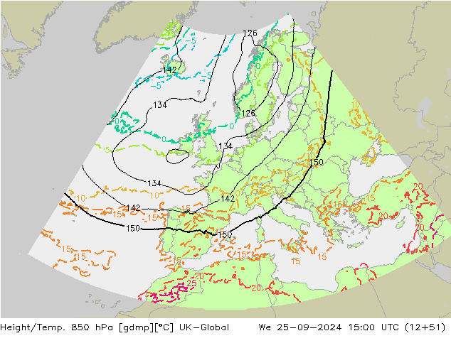 Height/Temp. 850 hPa UK-Global śro. 25.09.2024 15 UTC