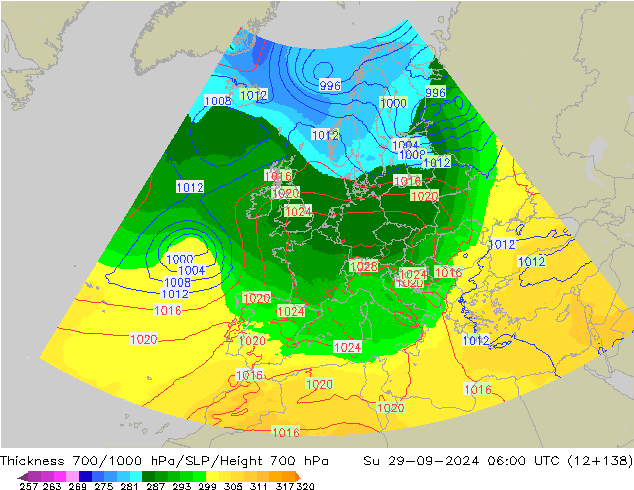 Thck 700-1000 hPa UK-Global nie. 29.09.2024 06 UTC