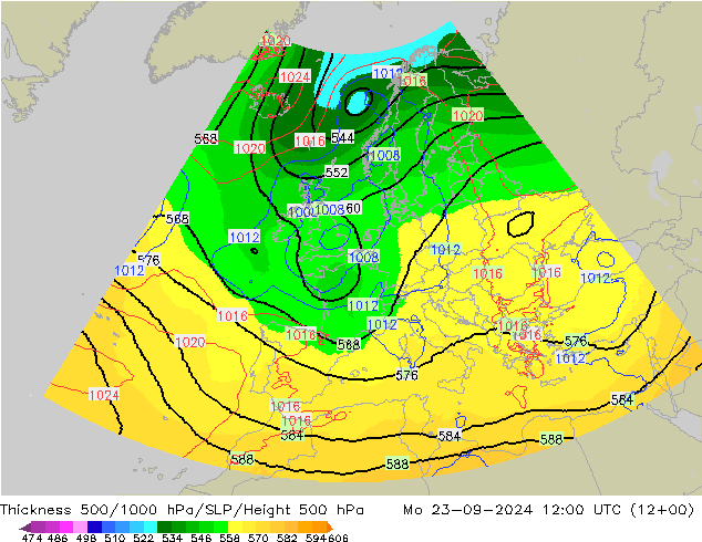 Thck 500-1000гПа UK-Global пн 23.09.2024 12 UTC