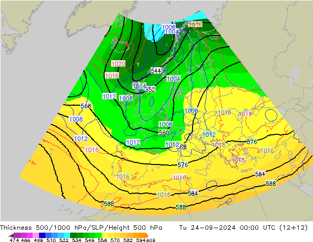 Thck 500-1000гПа UK-Global вт 24.09.2024 00 UTC