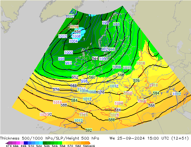 Thck 500-1000hPa UK-Global Qua 25.09.2024 15 UTC
