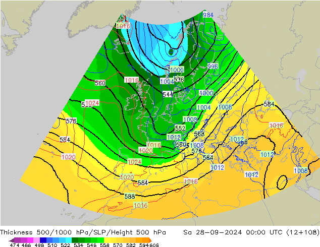 Espesor 500-1000 hPa UK-Global sáb 28.09.2024 00 UTC