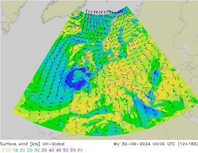 Vento 10 m UK-Global lun 30.09.2024 00 UTC