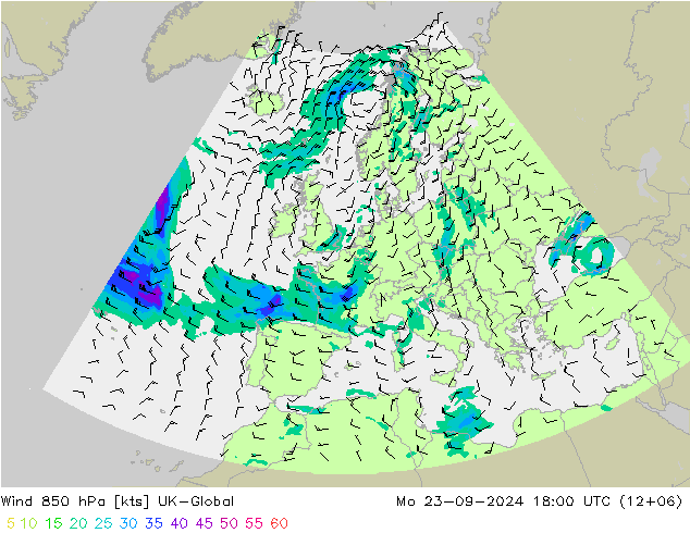 Wind 850 hPa UK-Global Mo 23.09.2024 18 UTC