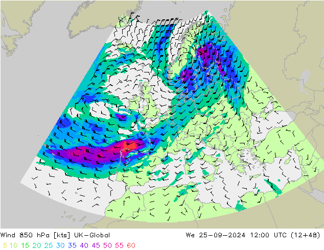 Wind 850 hPa UK-Global wo 25.09.2024 12 UTC