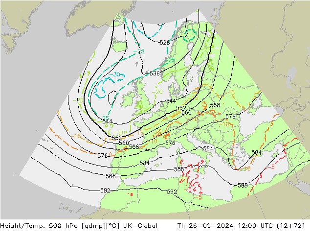 Height/Temp. 500 hPa UK-Global Th 26.09.2024 12 UTC