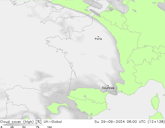 Cloud cover (high) UK-Global Su 29.09.2024 06 UTC